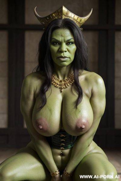 Seductive orc queen, full green skin, full green painted skin, full body view, fully naked, ((huge rounded milky breasts)), ((massive hips)), ((orc gold and black corset)), huge curves, huge - ai-porn.ai on pornintellect.com