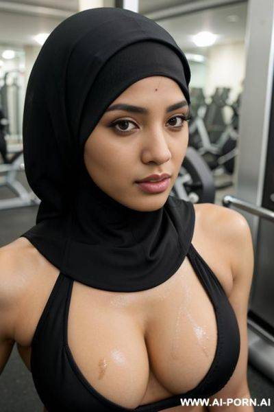 Women hijab, black hijab, sportswear, sexy, lustful face, gym, anime - ai-porn.ai on pornintellect.com