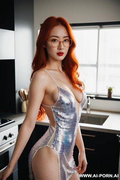 Chinese, rainbow sequin wedding dress, ice crown, wearing transparent body suit - ai-porn.ai - China on pornintellect.com