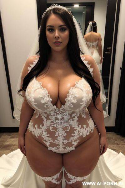 Female, white, obese, beautiful bbw, beautiful face, seductive face, big ass, big breasts, thick thighs, long thich legs, bare feet, fully naked, shaved pussy, oiled body, wet body, sexy wedding dress - ai-porn.ai on pornintellect.com