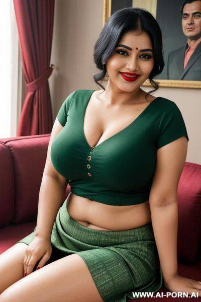 Indian housewife, eyes, long eyelashes, eyebrow, red lipstick, chubby face, smiling seductive, lean on sofa, in living hall, fit body, natural breast, green blouse, green skirt - ai-porn.ai - India on pornintellect.com