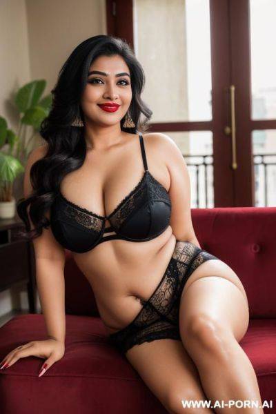 Indian housewife, eyes, long eyelashes, eyebrow, red lipstick, chubby face, smiling seductive, lean on sofa, in living hall - ai-porn.ai - India on pornintellect.com