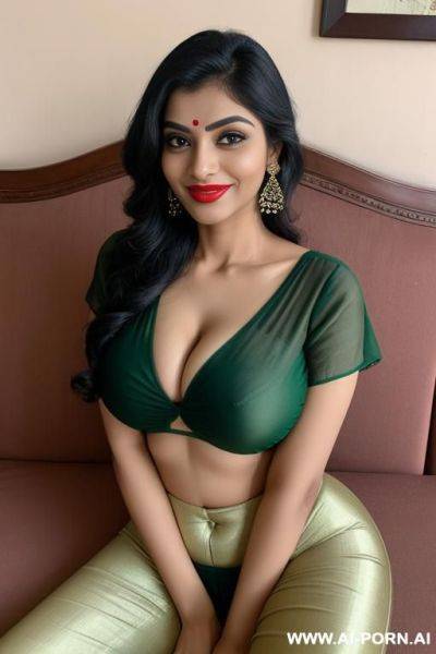 Indian housewife, aged 3-0, eyes, long eyelashes, eyebrow, red lipstick, smiling seductive, laying on sofa, in living hall, fit body, natural boobs, opened green blouse, bottomless , spreading legs - ai-porn.ai - India on pornintellect.com