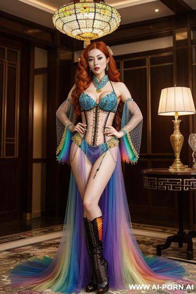 Chinese, rainbow transparent corset，tutu skirt， mesh robe，rainbow transparent bra ,necklace，rainbow large pointed thigh-high boots， bright room - ai-porn.ai - China on pornintellect.com