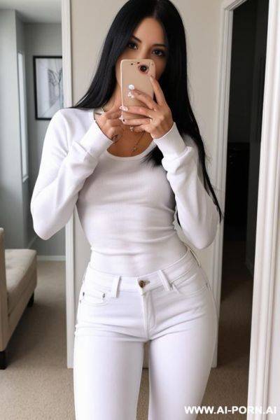 Woman tight white sweatshirt jeans selfie photo in the mirror - ai-porn.ai on pornintellect.com