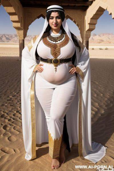 Female, white, obese, beautiful bbw, beautiful face, seductive face, big ass, big breasts, thick thighs, long thich legs, bare feet, fully naked, shaved pussy, oiled body, wet body, sexy arabic woman outfit - ai-porn.ai on pornintellect.com