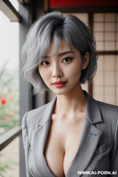 (cleavage) (blue blazer) (gray hair) (short hair) - ai-porn.ai on pornintellect.com