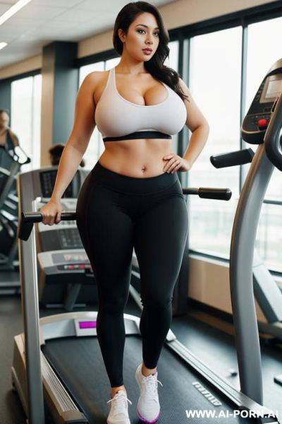 Chubby slut at the gym, massive breasts, wide pelvis, thick thighs, gigantic round buttocks. walking on treadmill - ai-porn.ai on pornintellect.com