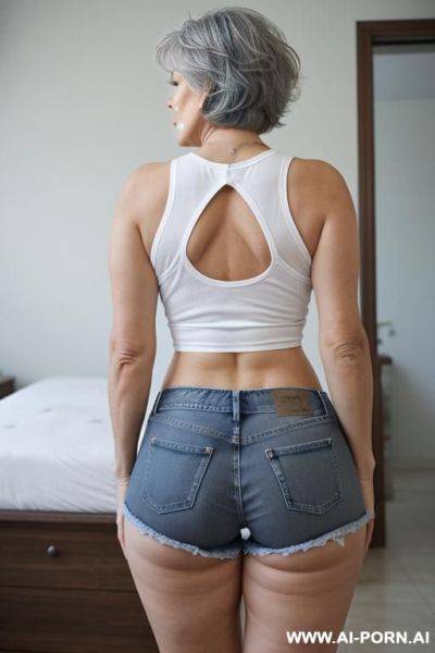 Back view, 0-year-old grandmother, full body, standing, lady, short gray hair, clearly visible age marks, triangular hips, thick thighs, wearing blue denim shorts and a white tank top, double bedroom - ai-porn.ai on pornintellect.com