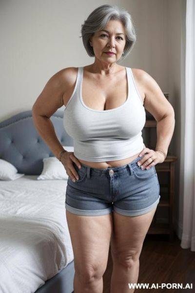 0-year-old grandmother, full body, standing, lady, short gray hair, clearly visible age marks, triangular hips, thick thighs, wearing blue denim shorts and a white tank top, double bedroom - ai-porn.ai on pornintellect.com