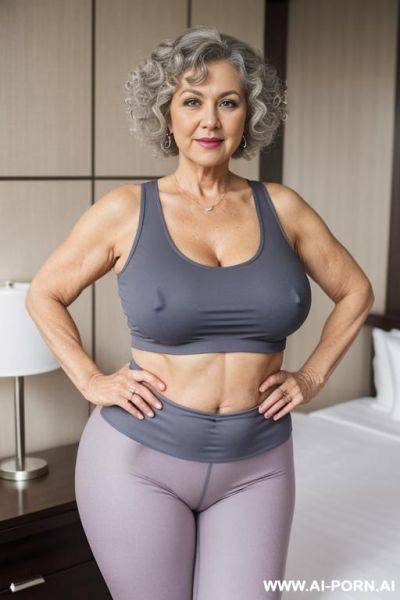 0 year old grandmother, full body, standing, short gray hair, lady, clearly visible age marks, triangular hips, thick thighs, hands on hips, wearing blue leggings, wearing pink tank top, luxury hotel room - ai-porn.ai on pornintellect.com