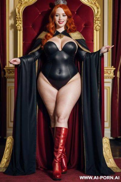 Full body photo, long red hair, queen outfit, voluptuous thighs, big boobs, giant belly, long boots, leotard, cape, crown, blue eyes, hand on belly, , standing in front of throne - ai-porn.ai on pornintellect.com