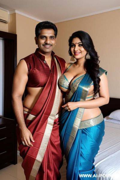 Smiling curvy indian busty wife with huge boobs wearing saree standing with husband in bedroom - ai-porn.ai - India on pornintellect.com