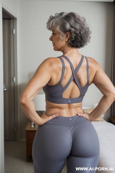 Back view, 0 year old grandmother, full body, standing, short gray hair, lady, clearly visible age marks, triangular hips, thick thighs, hands on hips, wearing blue leggings, wearing pink tank top, luxury hotel room - ai-porn.ai on pornintellect.com