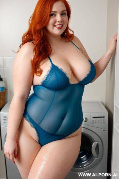 Half-length photo, as a setting in the laundry area, a fat chubby fat thick and bbw redhead british, she is washing clothes and is soaked in foamy water. she has lovehandless and a soft - ai-porn.ai - Britain on pornintellect.com