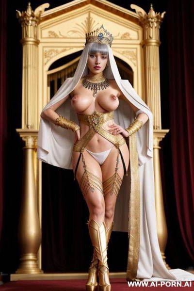 Royalty. queen, royal necklace, rings, long nipples, tiara, large nipples, bracer, head dress, large areolas, oversized boobs, anklet, huge nipple, large nipples, wet, oiled, (full body portrait), - ai-porn.ai on pornintellect.com