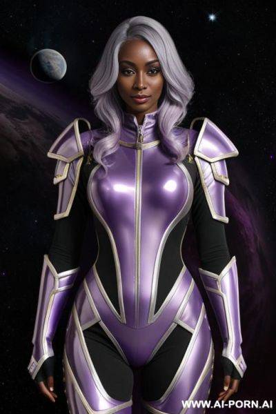 Drow in purple and gold spacesuit armour. silver hair. - ai-porn.ai on pornintellect.com