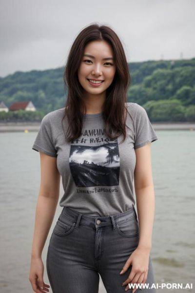 Frau mit hell grauen kurz haar, in der wüste, t-shirt mit jeans, gute figur mit brüs und har nippeln, regen, wind - ai-porn.ai on pornintellect.com