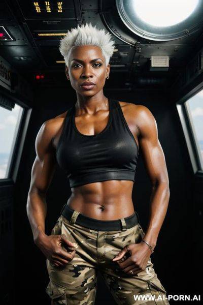 Black muscular woman soldier in black tank top and camouflage trousers. white short spiky hair. sweat, grime. holding laser. onboard spaceship. symmetrical eyes. - ai-porn.ai on pornintellect.com