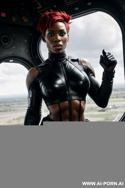 Black muscular woman soldier in black camouflage trousers. red short punk hair. sweat, grime. holding laser. onboard spaceship. symmetrical eyes. - ai-porn.ai on pornintellect.com