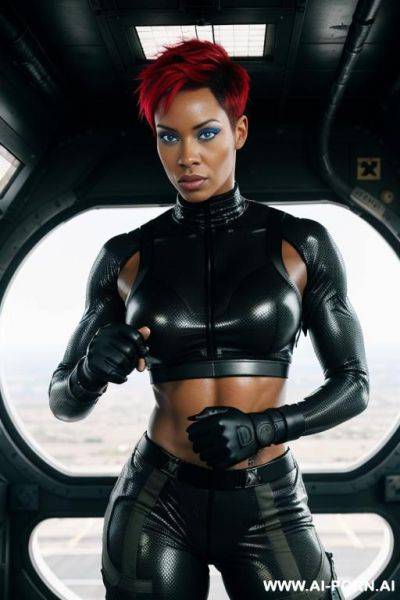 Black muscular woman soldier in black camouflage trousers. red short punk hair. sweat, grime. holding laser. onboard spaceship. bright blue eyes. - ai-porn.ai on pornintellect.com