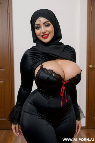 Smiling curvy russian busty with huge boobs wearing hijab fully naked standing black - ai-porn.ai - Russia on pornintellect.com