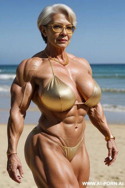 ((sexy hot old mom mature attractive milf)) (gold bikini) (necklace) ((sexy standing pose, direct eye contact)) (((oversize huge gigantic boobs))) (wide hips, massive thighs) (((choose the most - ai-porn.ai on pornintellect.com