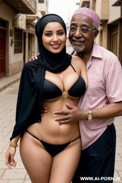 Smiling curvy egyptian busty wearing hijab and bikini hugged from black grandpa in street - ai-porn.ai - Egypt on pornintellect.com