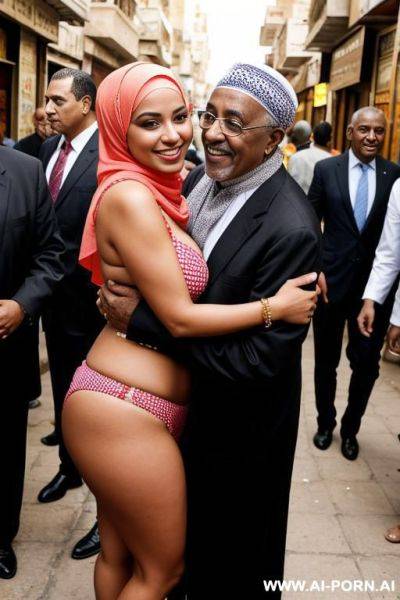 Smiling curvy egyptian busty wearing hijab and bikini hugged from black grandpa in crowded street - ai-porn.ai - Egypt on pornintellect.com