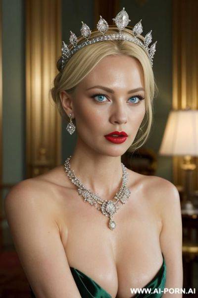 _wearing diamond crown, topless, pretty boobs, light blue eyes, diamond necklace, (white pallid skin), (ghastly pallid shiny skin), red lips - ai-porn.ai on pornintellect.com