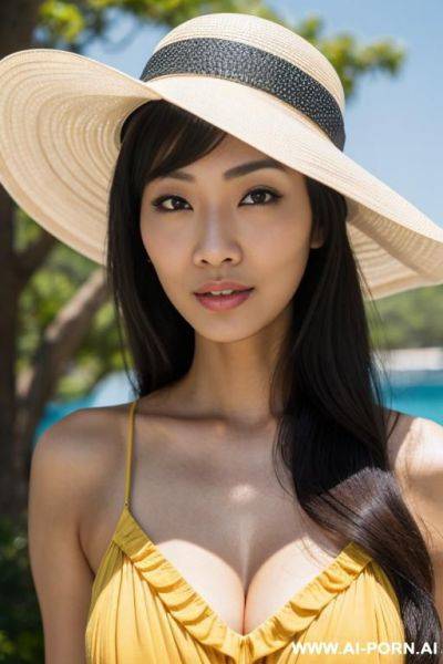 Asian woman, ((detailed face)), wearing a sundress, wearing a hat, posing outside - ai-porn.ai on pornintellect.com