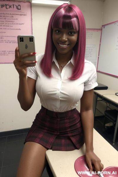 Woman, 1, wearing unbuttoned white blouse, red plaid skirt, seductive expression, messy black hair, looking in bathroom mirror, smiling, holding phone for selfie, (extremely high details: 1.3) - ai-porn.ai on pornintellect.com