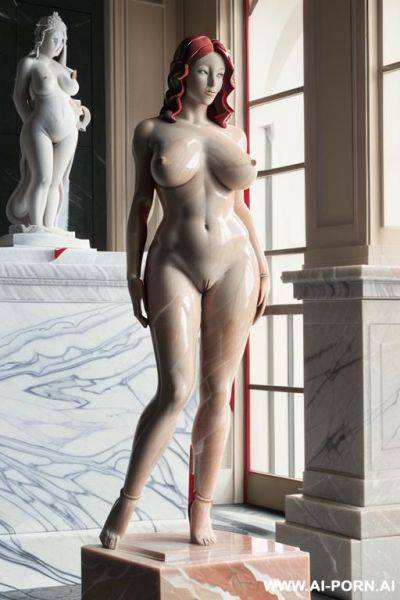 ((((highly artistic red and white marble of nude statue)))), (((gigantic saggy massive oversized enormous tits))), in glass box on top of pedestal, slate wall in background, - ai-porn.ai on pornintellect.com