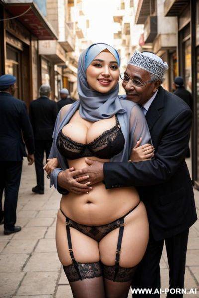 Smiling curvy egyptian busty wearing hijab and lingerie hugged from black grandpa in crowded street - ai-porn.ai - Egypt on pornintellect.com