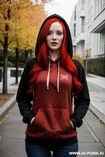 Woman long red hair hoodie black selfie - ai-porn.ai on pornintellect.com