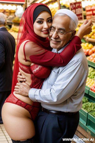 Smiling curvy egyptian busty wearing hijab and red lingerie hugging grandpa in market - ai-porn.ai - Egypt on pornintellect.com