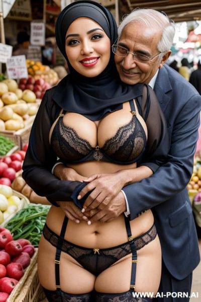 Smiling curvy egyptian busty wearing hijab and lingerie hugging grandpa in market - ai-porn.ai - Egypt on pornintellect.com