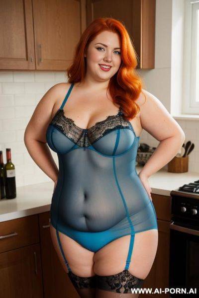 Half-length photo, as a setting in the kitchen area, a fat chubby fat thick and bbw redhead british, she is cooking delicious, she has lovehandless and a soft medium tummy. she is wearing a skyblue lace stocking lingeries. she has the most body mom - ai-porn.ai - Britain on pornintellect.com