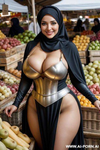 Smiling curvy smiling russian busty with huge boobs wearing hijab and gladiator costume standing in market - ai-porn.ai - Russia on pornintellect.com