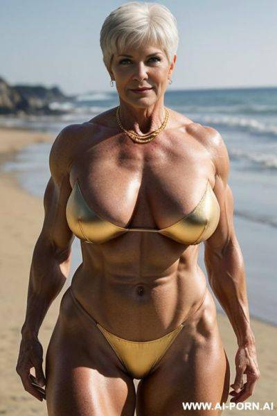 ((sexy hot old mom mature attractive milf)) (shiny gold bikini) (big luxury necklace) ((sexy standing pose, direct eye contact)) (((oversize huge gigantic boobs))) (wide hips, massive thighs) (((choose - ai-porn.ai on pornintellect.com