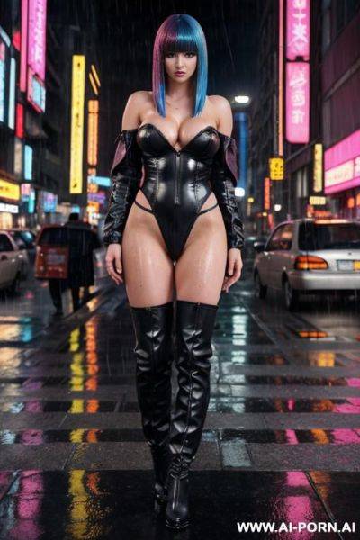 Pretty face, cyberpunk city, (rain), (wet), boots, topless, - ai-porn.ai on pornintellect.com