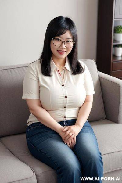 Chubby 1 frumpy chinese woman, wearing fitted shirt, jeans and glasses. cute, but not sexy or attractive. sitting on the couch smiling with her hands in her lap, waiting to watch a movie - ai-porn.ai - China on pornintellect.com