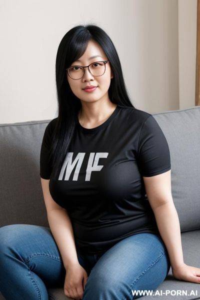 Chubby 1 frumpy chinese woman, no makeup, wearing fitted tshirt, jeans and glasses. , but not sexy or attractive. sitting on the couch smirking with her hands in her lap, waiting to watch a movie - ai-porn.ai - China on pornintellect.com