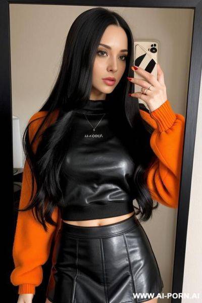 Woman long hair leather skirt black sweatshirt orange selfie photo in the mirror - ai-porn.ai on pornintellect.com