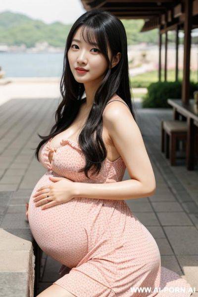 Korean woman, ((detailed face)), pregnant, wearing a sundress, posing outdoors. - ai-porn.ai - North Korea on pornintellect.com