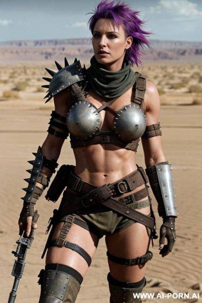 Soldier on a desert battlefield. muscular body with toned abs. shorty, spiky punk hair. sweat and grime on body. armoured shoulder pads. armoured legs. holding crossbow in hand. fallout raider. mad max. tits visible. - ai-porn.ai on pornintellect.com