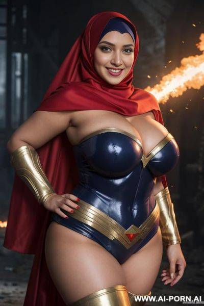 Smiling curvy smiling russian busty with huge boobs wearing hijab and superwoman costume standing topless in battlefield - ai-porn.ai - Russia on pornintellect.com