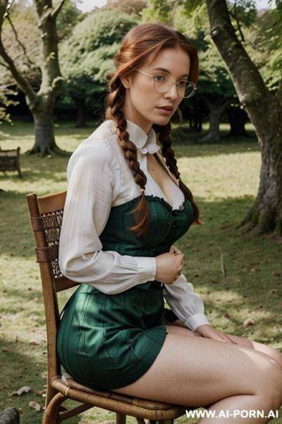 A very long green pleated skirt. a modest long sleve white blouse, direct eye contact, - ai-porn.ai on pornintellect.com