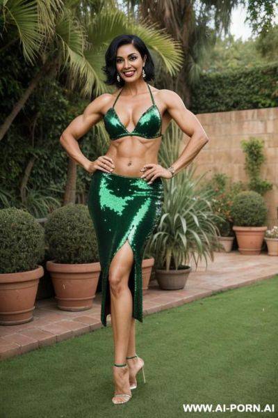 Indian, milf, short hair, fit, abs, muscular arms, flexing arm, tall, long legs, navel piercing, green sequin bra, green sequin skirt, looking at camera, full body, stiletto, in garden - ai-porn.ai - India on pornintellect.com