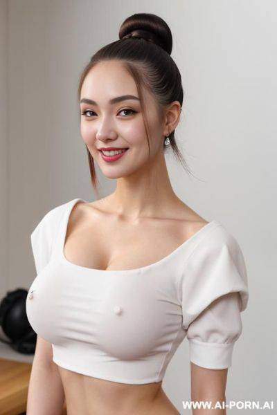 Light & pallid skin, (cap-sleeve crop-top), (white skin & pallid), round face, (compact hair-bun), (teardrop oversized saggy breasts) - ai-porn.ai on pornintellect.com